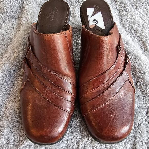 Clarks Womens Bendables Leather Chunky Heel Slip‎ On Mules Clog Size 7M Brown - Picture 2 of 5